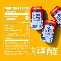 HOPWTR blood orange can close up highlighting hop label and crisp appearance benefit