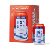 HOPWTR front packaging showing six-pack and blood orange branding benefits refreshing flavor