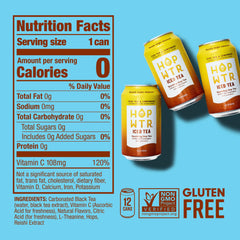 Close-up of HOPWTR can label highlighting ingredient list and craft-style design