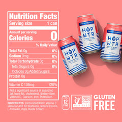 Close-up of HOPWTR can label highlighting hop blend and bold branding