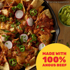Hormel Angus open can top view displaying chunky chili ready to heat