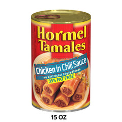 Hormel open can with wrapped tamales in chili sauce for easy serving