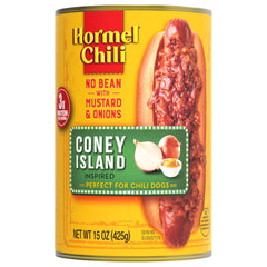 Hormel Chili front can showing label and size, easy pantry meal