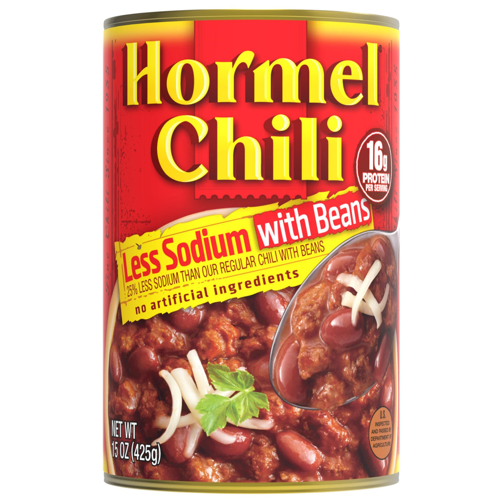 Hormel Chili front packaging shows label and can, convenience for quick meals