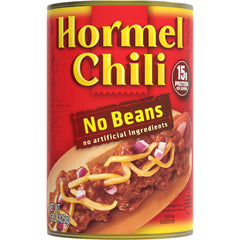 Hormel Chili no beans front packaging shows label and serving suggestion benefit