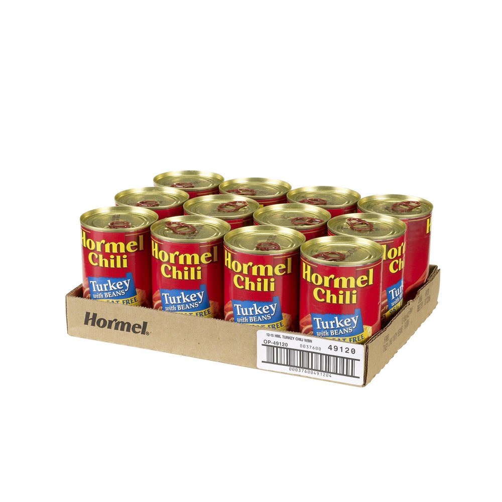 Hormel Chili turkey with beans front can showing label and serving suggestion benefit convenience