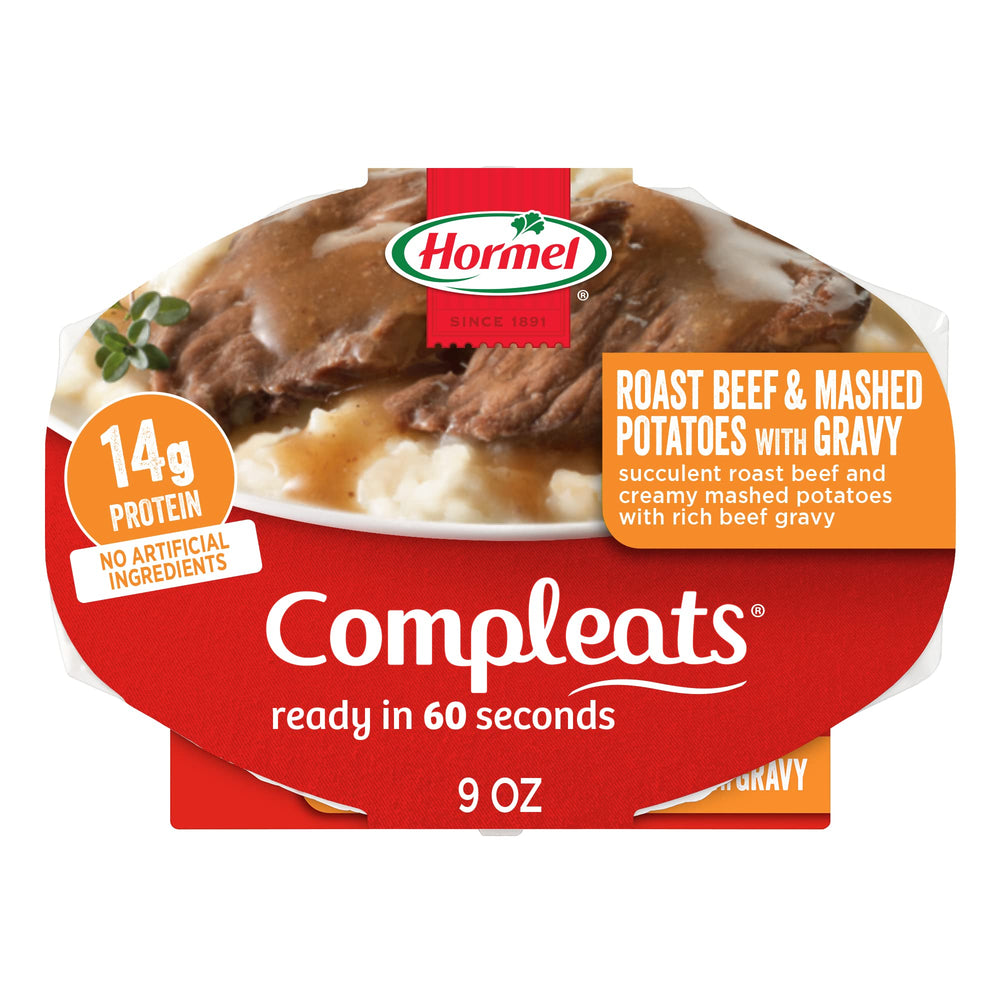 HORMEL COMPLEATS front packaging showing six 9 oz trays and quick prep benefit
