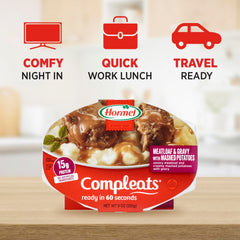 Hormel Compleats mashed potatoes with gravy drizzle demonstrating creamy taste