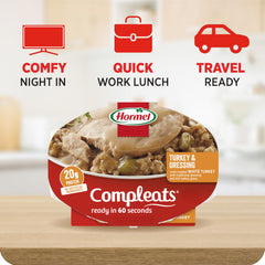 HORMEL COMPLEATS microwave tray close-up showing texture and ready-to-heat benefit