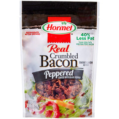 hormel front packaging shows peppered bacon crumbles and branding convenience