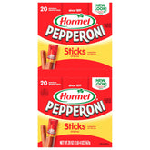 Hormel pepperoni sticks front of box showing pack count and benefit
