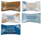 Hospitality Mints front packaging showing six 7 oz bags and Bible verse wrappers for gifting