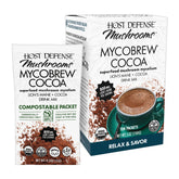 Host Defense front packaging showing ten MycoBrew Cocoa packets and convenience