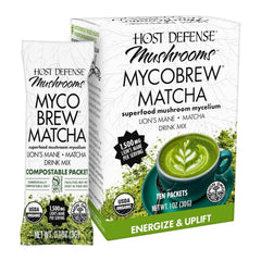 Host Defense front packaging showing 10 single-serve matcha packets and label benefits