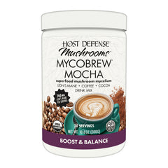Host Defense jar front view showing MycoBrew Mocha and serving suggestion