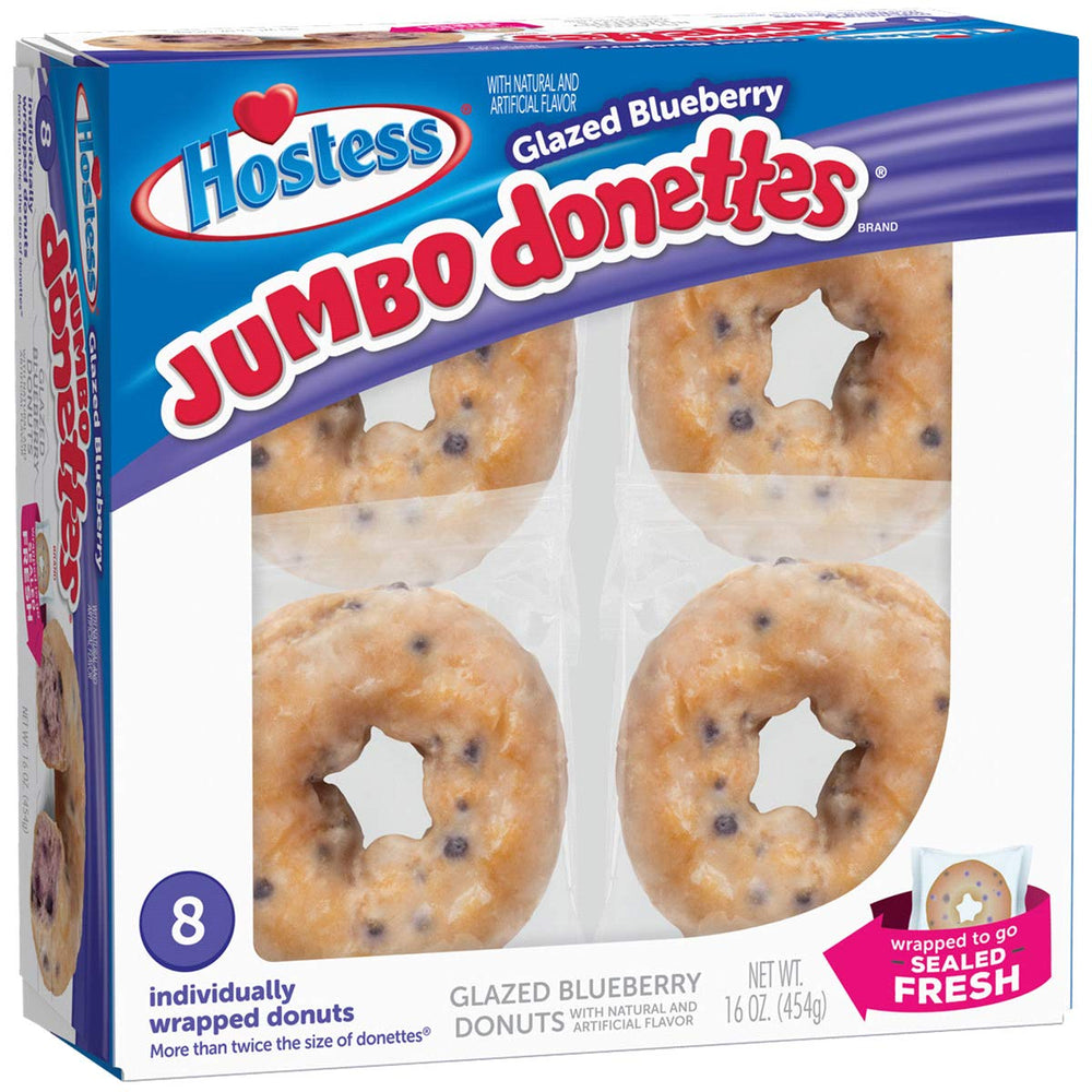 Hostess front packaging showing eight individually wrapped blueberry donettes for convenient snacking