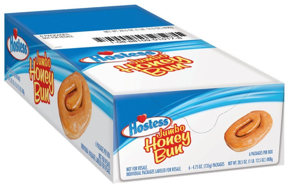 Hostess jumbo honey bun front packaging showing six-count box for convenience