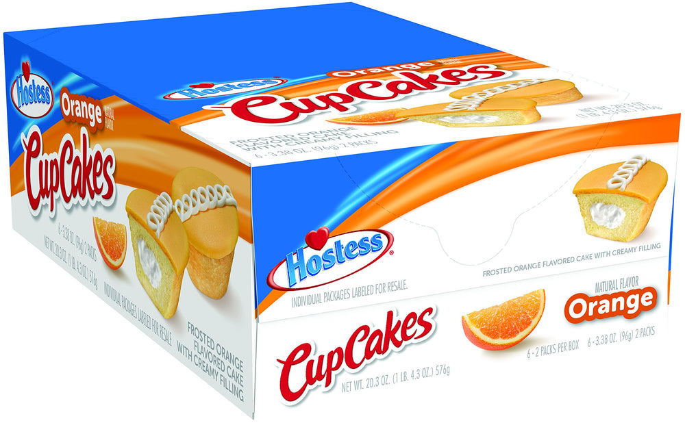 Hostess front packaging showing six orange cupcakes and convenience