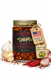 Hot Crispy Oil front bottle showing label and serving suggestion benefit of easy drizzling