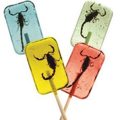 Hotlix scorpion lollipop front packaging showing resealable bag and four colorful suckers