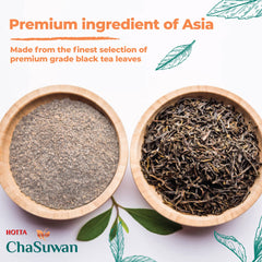 HOTTA ChaSuwan powder texture in spoon showing fine black tea blend and creaminess