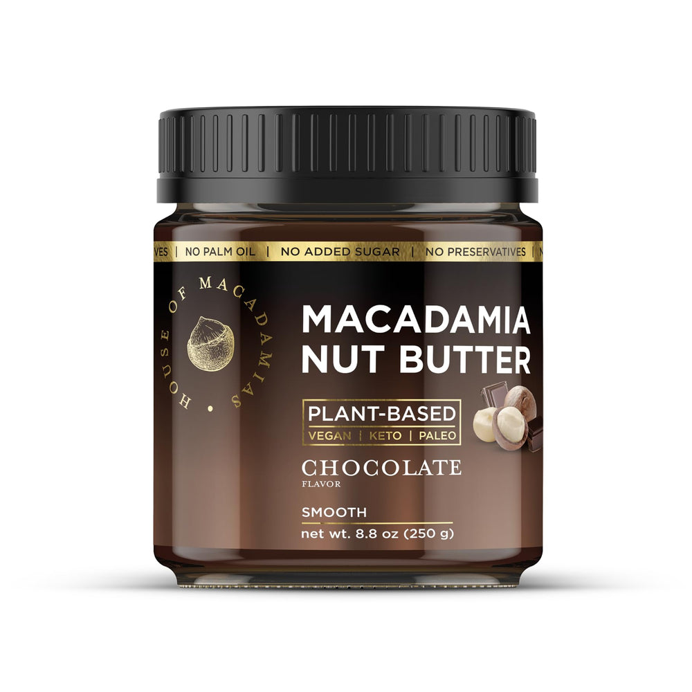 House of Macadamias jar front view showing chocolate macadamia butter benefit rich flavor