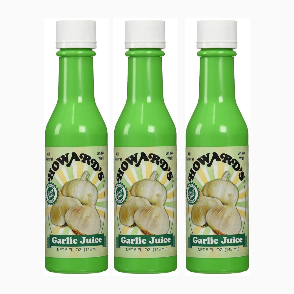 Howard's garlic juice front bottle view showing clean packaging and convenience