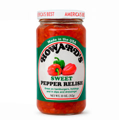 Howard's sweet pepper relish open jar close-up showing chunky texture and color