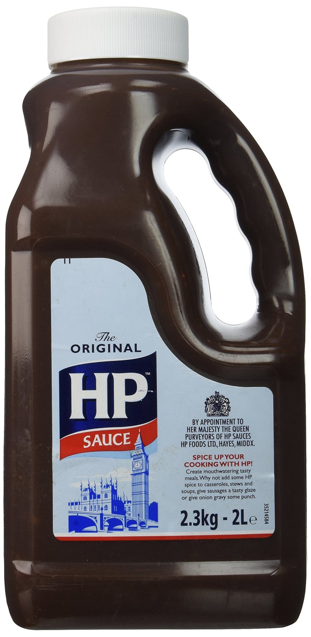 HP Sauce large catering bottle front view showing label and easy-pour nozzle benefit