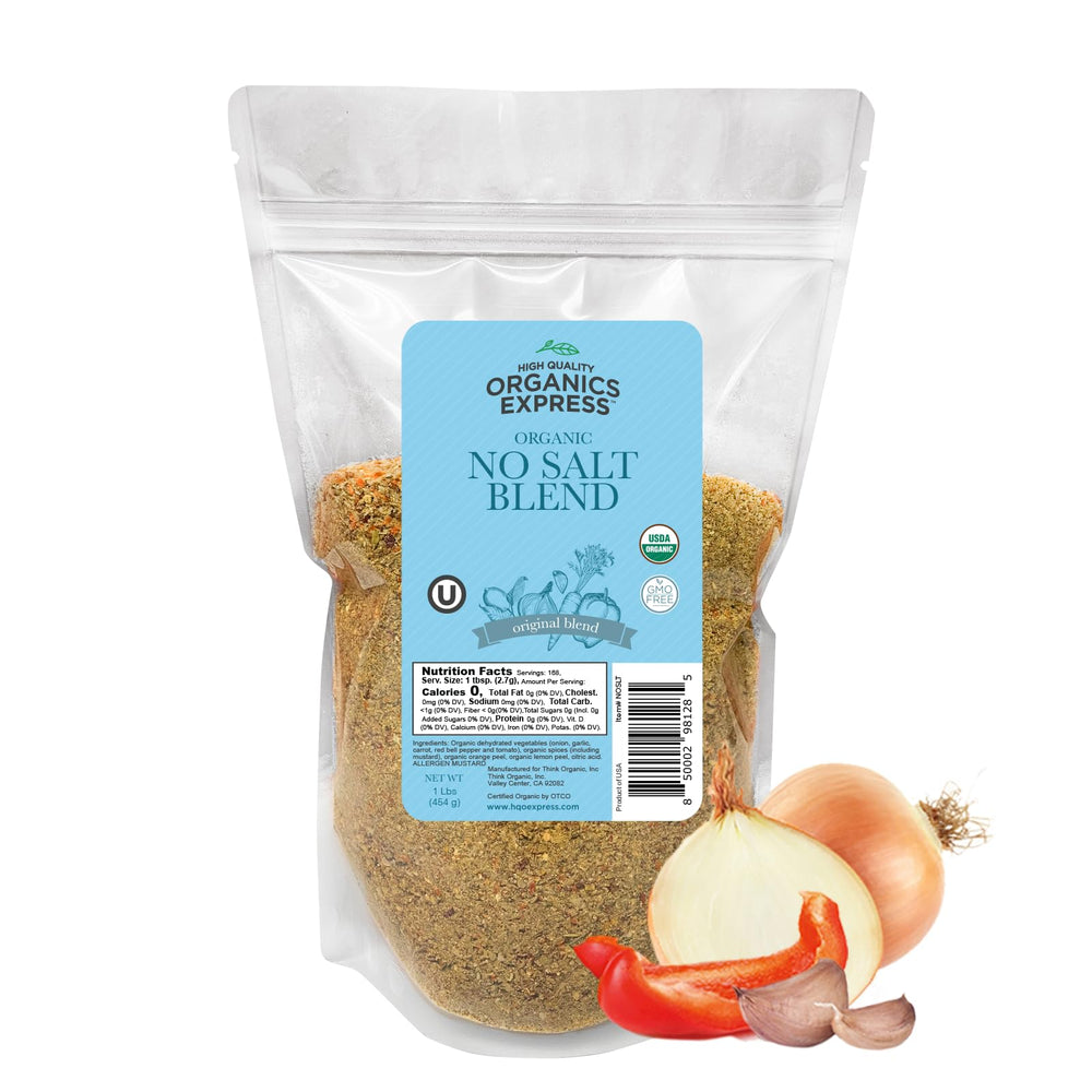 HqO front label showing organic no salt seasoning and product benefits