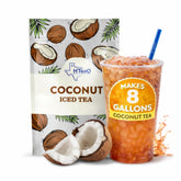 HTeaO front box coconut iced tea, shows package and benefits for parties