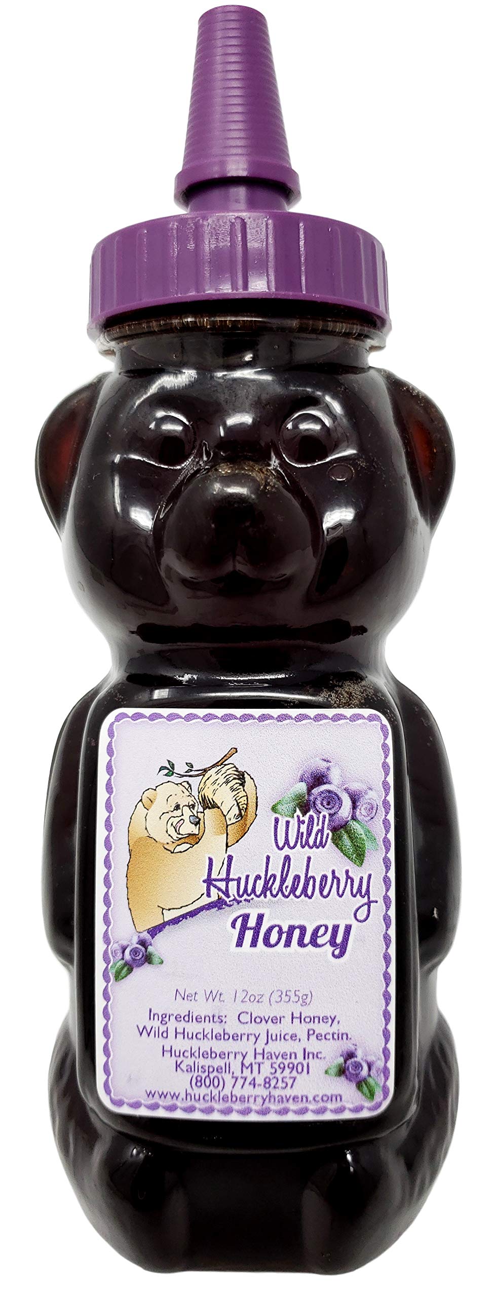 Huckleberry Haven front packaging honey bear bottle showing label and easy-squeeze design, attractive gift appeal