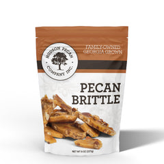 Hudson Pecan Company front packaging showing brand and crunchy brittle goodness