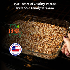 Hudson Pecan Company close-up of chopped pecans, showing buttery texture and crunch