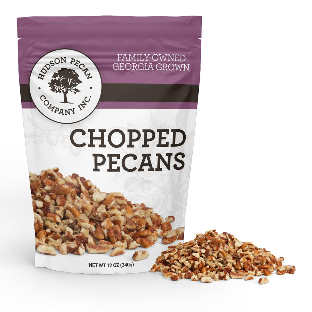 Hudson Pecan Company front pouch showing label and 8 oz size, highlighting freshness