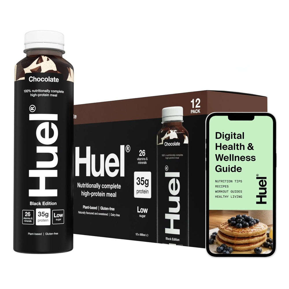 Huel Black Edition front bottle showing label and convenience benefit