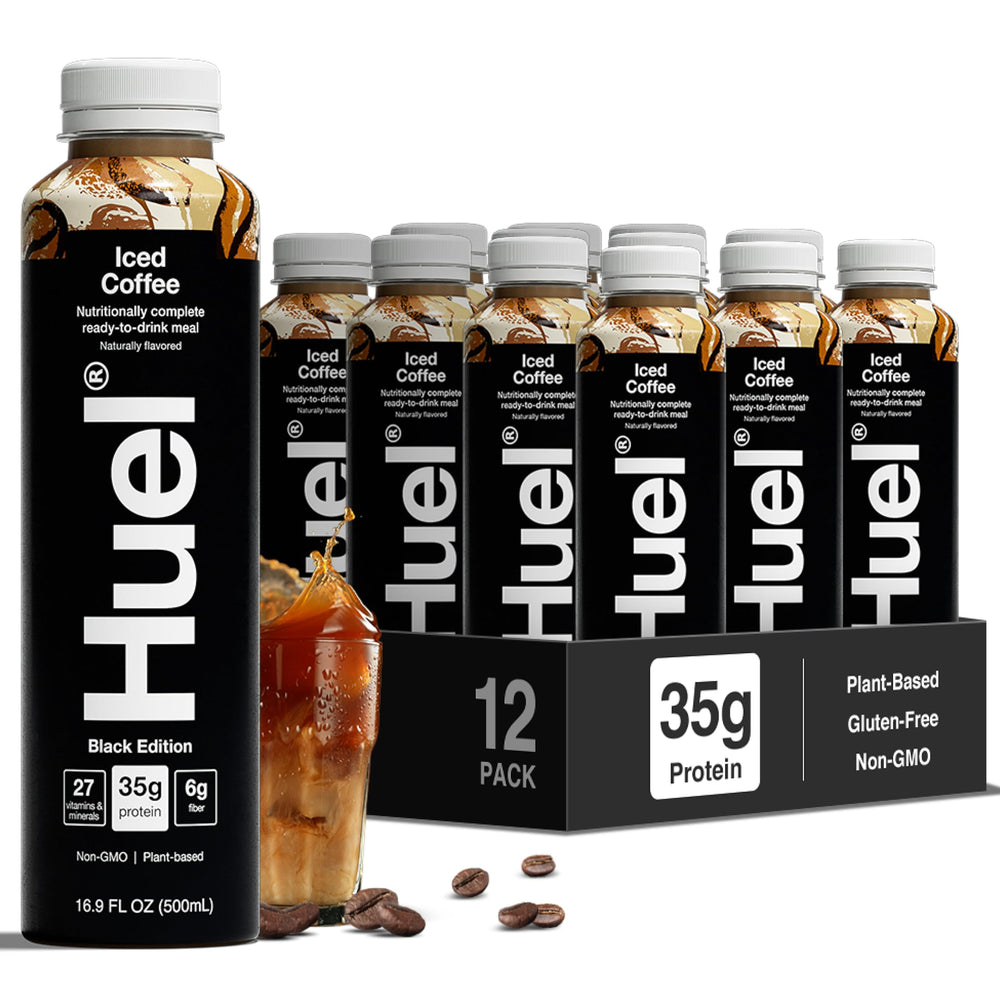 Huel bottle front view showing branding and ready-to-drink convenience