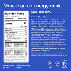 Huel Energy+ blue raspberry side label highlighting vitamins minerals and ingredients