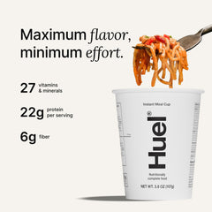 Huel close-up of spicy gochujang broth and textured grains showing hearty consistency