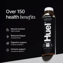 Huel poured into glass showing creamy texture and ready-to-drink benefit