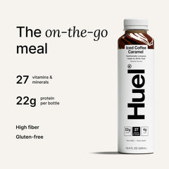 Huel nutrition label close-up highlighting vitamins, minerals and protein benefit