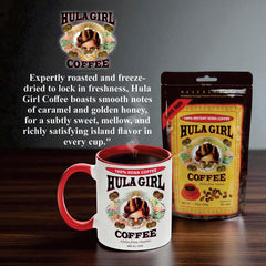 Hula Girl pouring instant Kona into a mug for fast, premium coffee anywhere