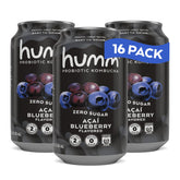 Humm front can showing acai blueberry flavor and bold branding, highlights refreshing taste