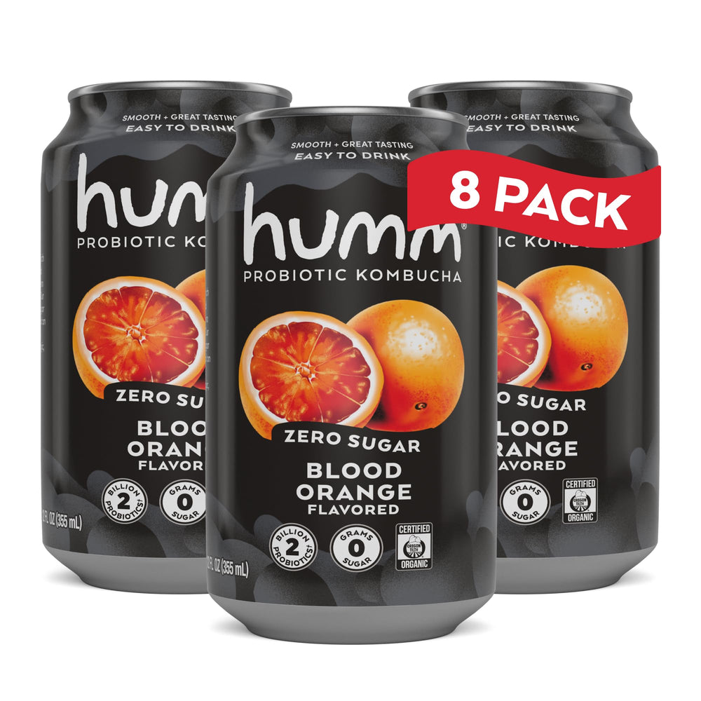 Humm can front view showing blood orange flavor and zero sugar benefit
