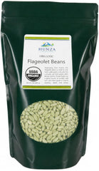 Hunza Natural Foods front pouch showing organic flageolet beans, clear labeling and durable packaging benefit