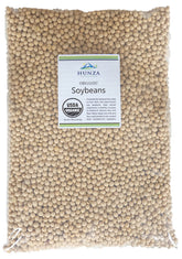 Hunza Natural Foods front packaging showing 5 lb organic soybeans and durability