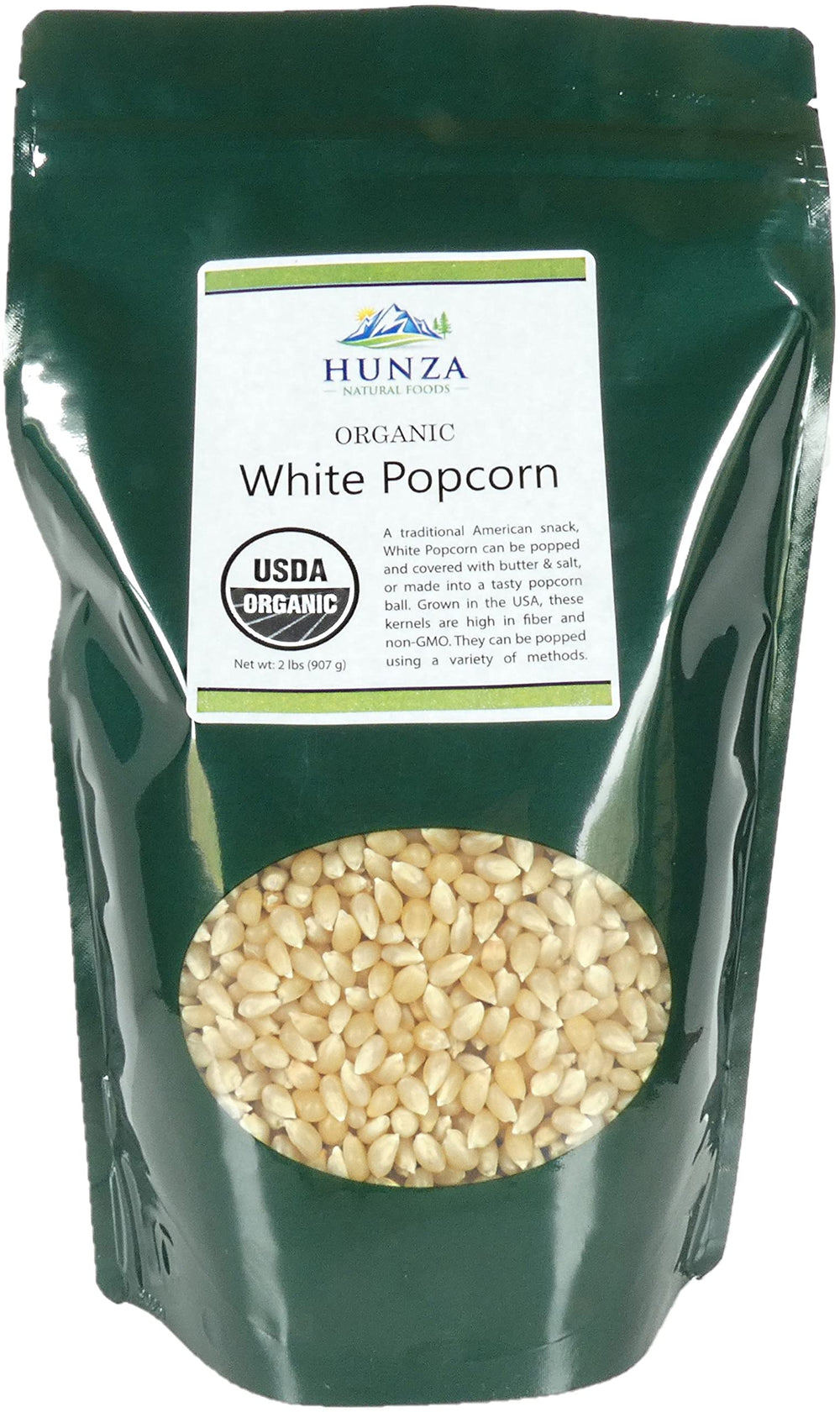 Hunza front pouch showing organic label and resealable green packaging for freshness