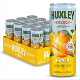 Huxley can front packaging showing mango label and clean-energy benefits