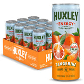 Huxley can front view showing tangerine design and ingredients, highlights natural energy