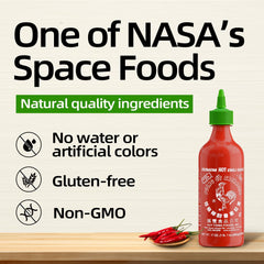 HUY FONG FOODS pouring sriracha from bottle onto dish, clear benefit: controlled drizzle for flavor